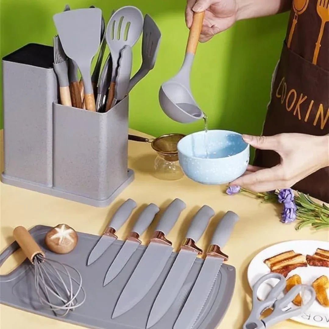 19-Piece Kitchen Utensils Set – Heat-Resistant Silicone & Stainless Steel Cooking Tools | Soqira Bahrain - Soqira
