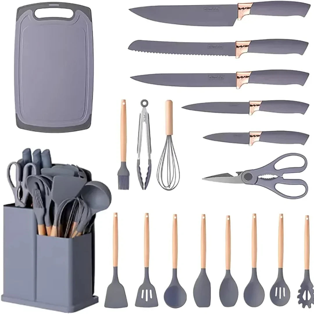 19-Piece Kitchen Utensils Set – Heat-Resistant Silicone & Stainless Steel Cooking Tools | Soqira Bahrain