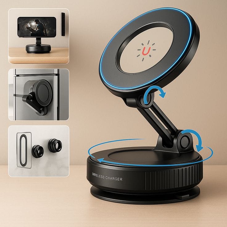 Magnetic Wireless Charger Stand – 360° Rotating Foldable Phone Holder | Soqira Bahrain - Soqira